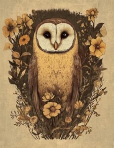 Golden Owl Among Garden Blooms