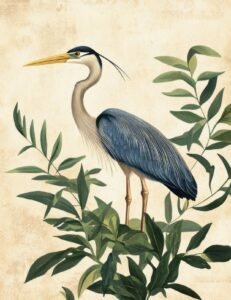 Heron Among Botanical Leaves