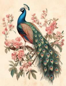 Peacock with Pink Cherry Blossoms