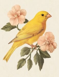 Yellow Finch with Pink Blooms