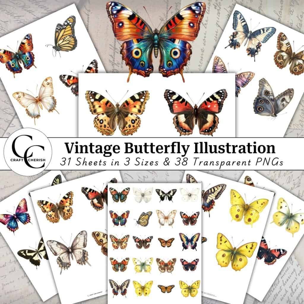 38 Vintage Butterfly Illustration, Fussy Cut Transparent PNG Bundle for Papercraft