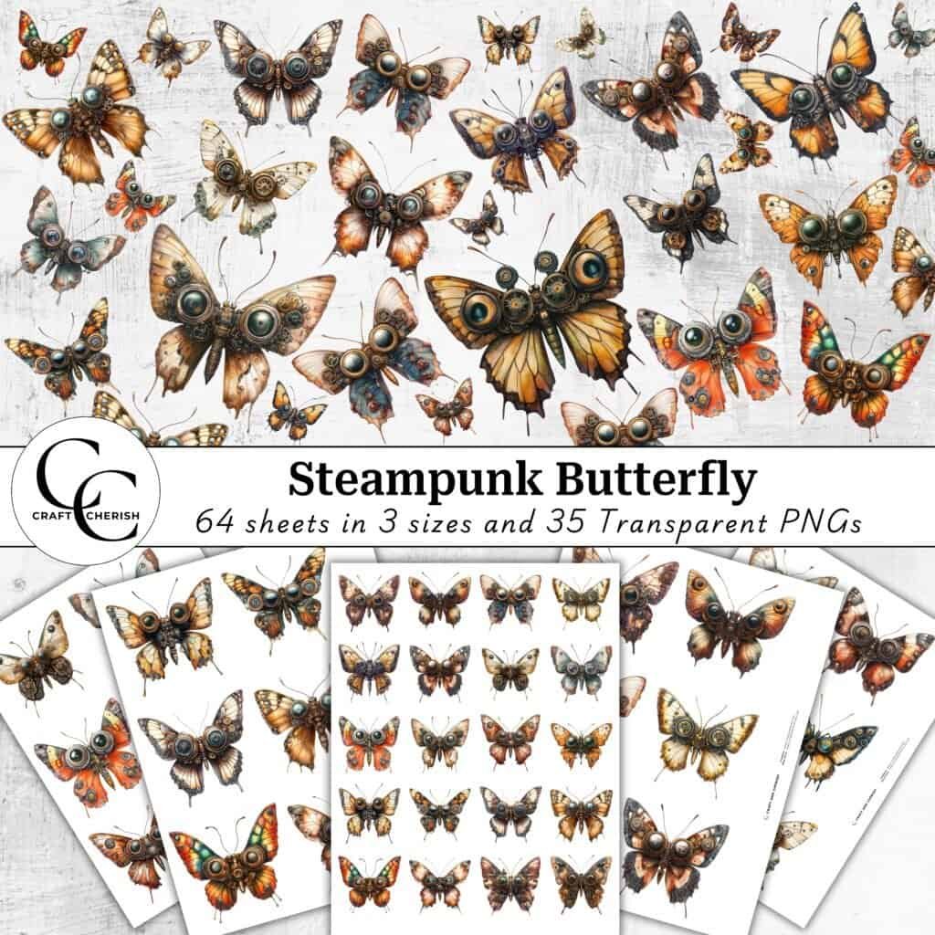 35 Steampunk Butterfly, Transparent Mechanical Insect, Metal Butterfly Clipart, Ephemera, Paper Craft, Scrapbook Journal, Digital Download