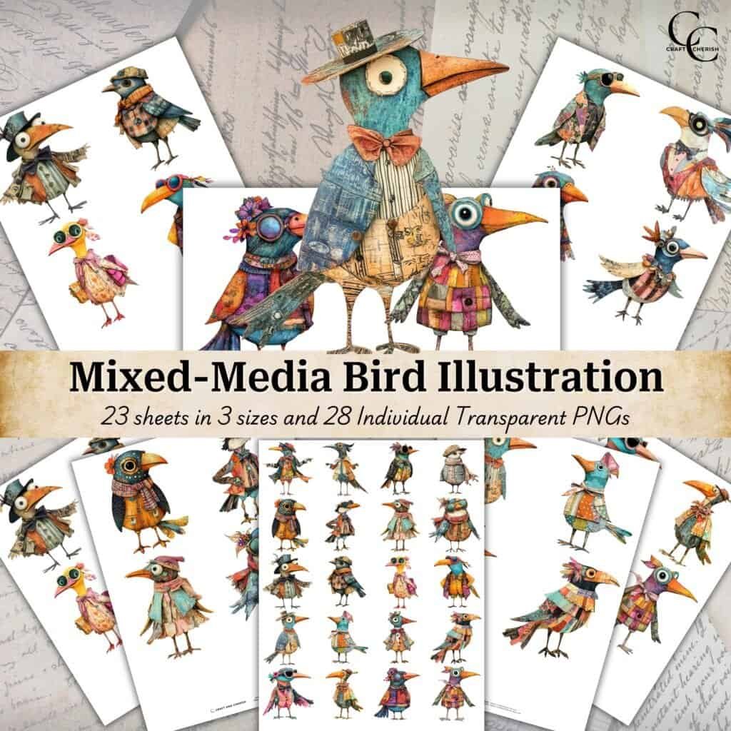 28 Whimsical Bird Portrait Illustration, Mixed-Media Quirky Bird Vintage Ephemera Sheets, Transparent Fussy Cut PNGs, Digital Download Sheet