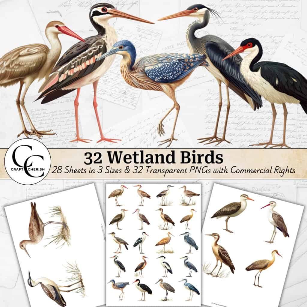 32 Wetland Bird Art, Hand-drawn Bird Illustration Ephemera Sheets, Fussy Cut Transparent PNG Bundle, High Quality Digital Download for Junk Journals & Scrapbooks