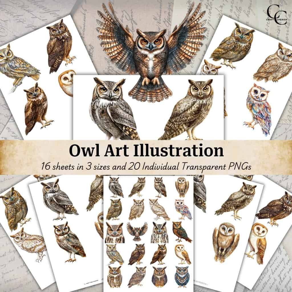 20 Owl Illustration, Whimsical Vintage Owl, Hand-Colored Bird Ephemera Sheets, High Quality Transparent Fussy Cut PNGs
