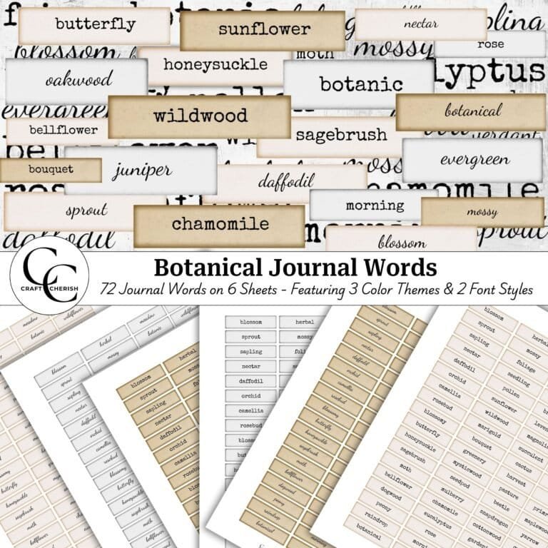 Botanical Journal Words, Botanical Scrapbook Word Tags, for Junk Journals & Scrapbooks