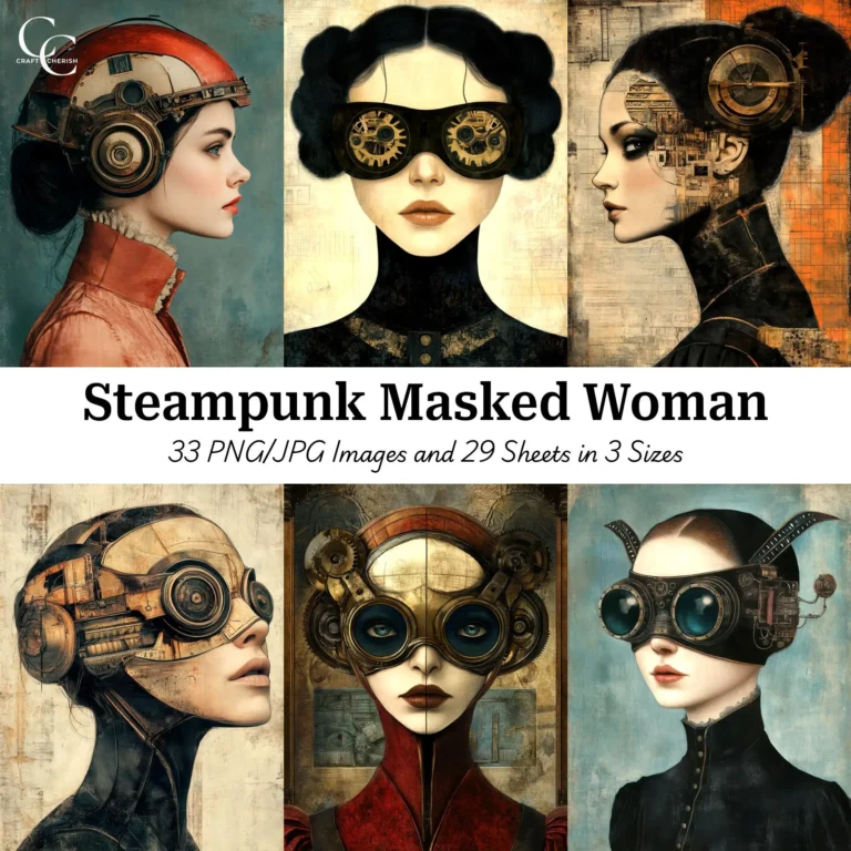 33 Mechanical Masked Woman Printable Images, Steampunk Woman, Paper Craft, Junk Journal, Scrapbook, Digital Download, High Quality, CU