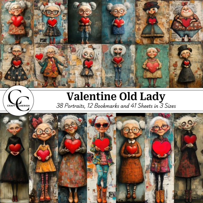 50 Quirky Valentine Old Lady Images, Funny Old Woman in Love, Mixed-Media Papercraft Collage Printable Sheets, Junk Journal, Scrapbook
