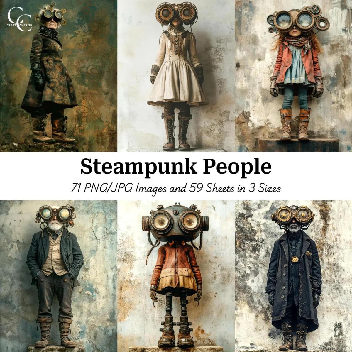 71 Steampunk People Portrait Images, People with Intricate Goggles, Gear Head People Printable, Paper Crafting, Journal, Instant Download