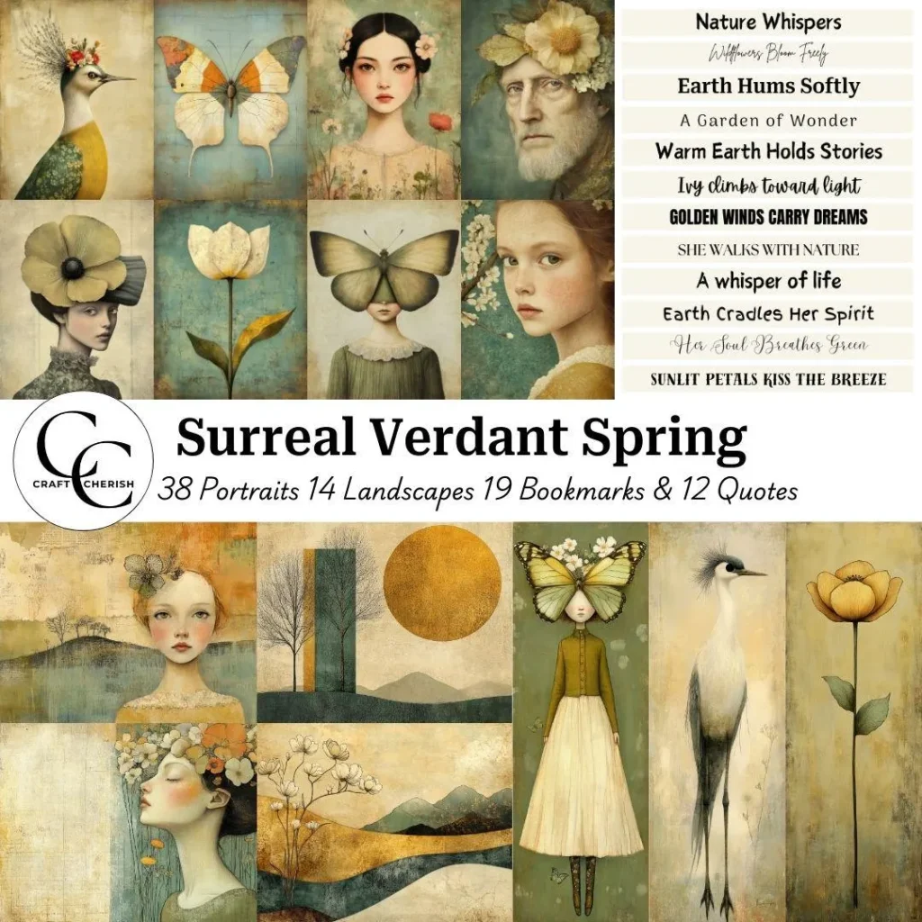 71 Surreal Verdant Spring Portrait Art, Earthy Green & Warm Ochre Aesthetic, Bookmark Tag Images, Papercraft, Junk Journal, Scrapbook, High Quality, Digital Download