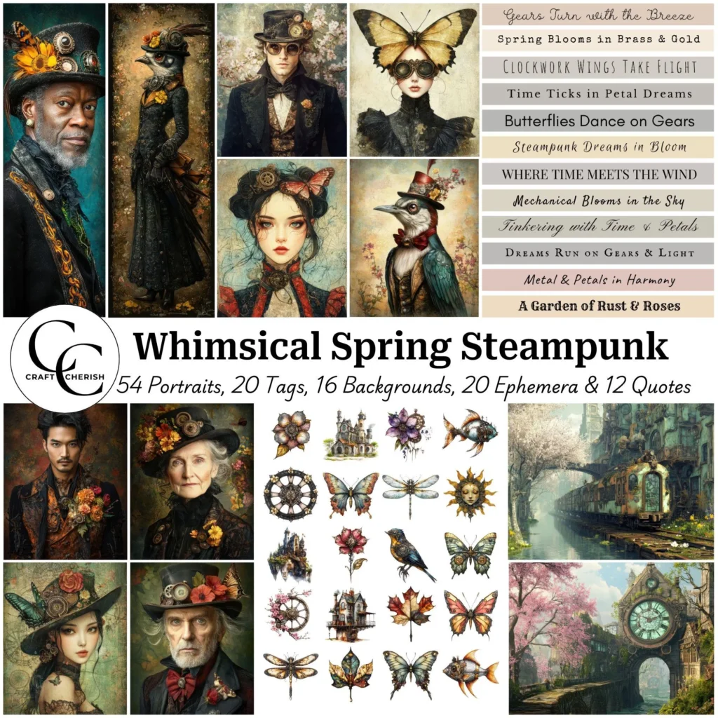 110 Whimsical Spring Steampunk Images, Surreal Digital Art, Portrait, Landscapes, Bookmark Tags, High Quality Digital Download for Junk Journals, Scrapbooks