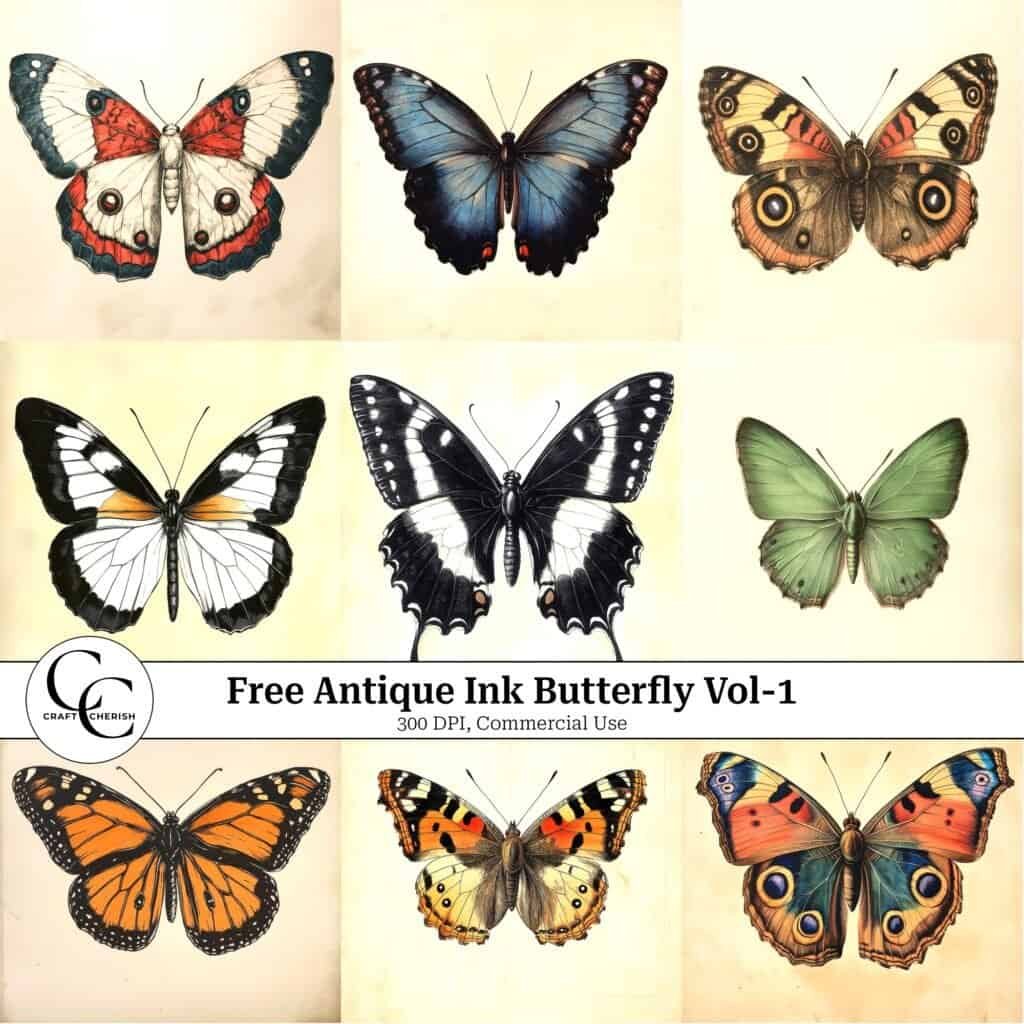 12 Free Vintage Butterfly Images – Printable Sheets & Ephemera for Junk Journal Vol. 1