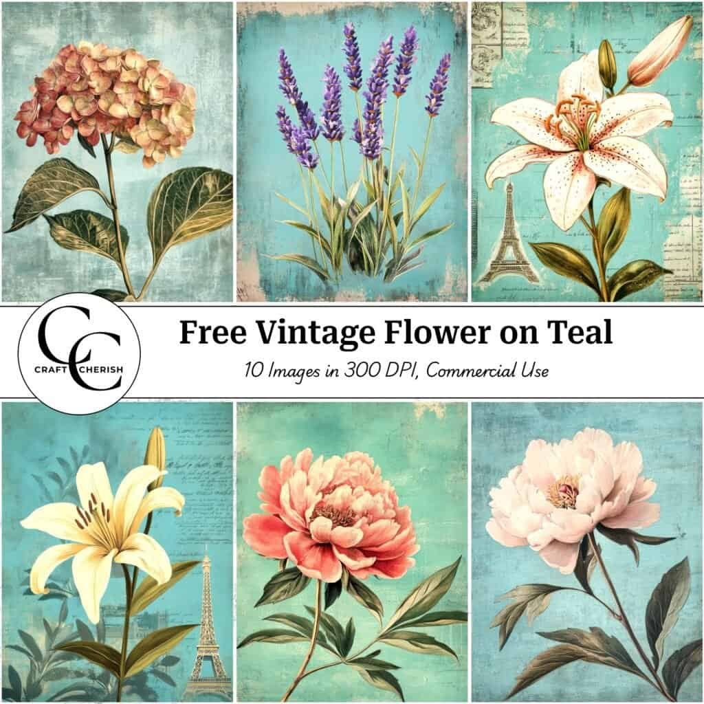 10 Free Vintage Flower on a Teal Faded Background Images - Printable Sheets for Junk Journals