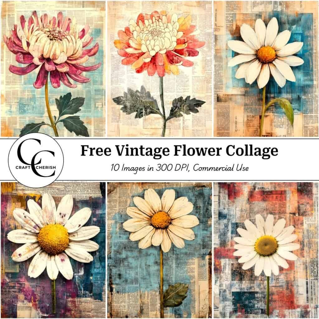 10 Free Vintage Flower on an Old Newspaper Collage Background Images - Printable Sheets for Junk Journals