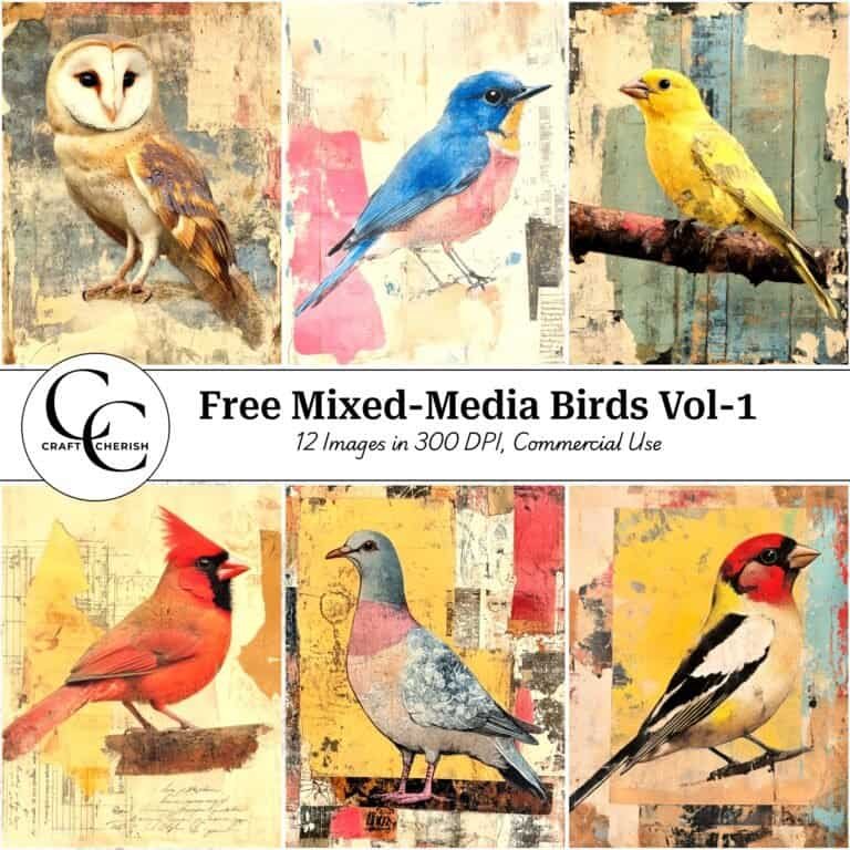 12 Free Mixed-Media Birds Portrait Images – Vintage Printable Sheets & Ephemera for Junk Journals Vol. 1