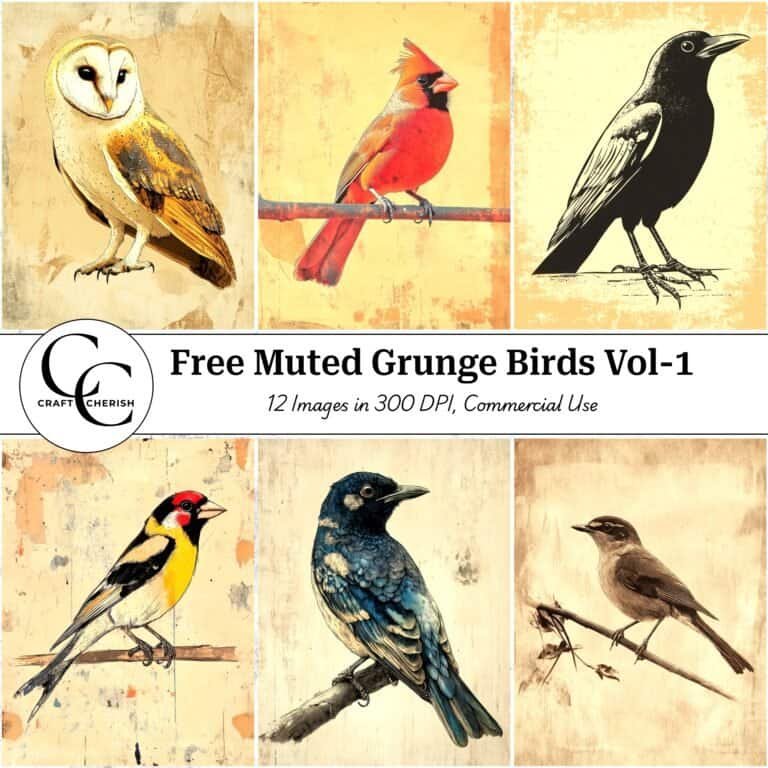 12 Free Muted Grunge Birds Images – Vintage Printable Sheets & Ephemera for Junk Journals Vol. 1