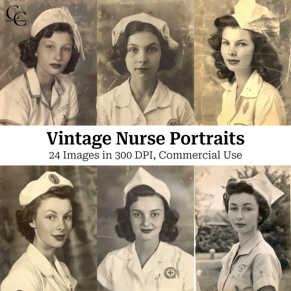 24 Vintage Nurse Portrait Printable Images, Medical Worker, Ephemera, Paper Craft, Junk Journal, Scrapbook, High Quality, Digital Download