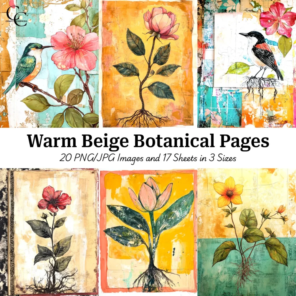 20 Warm Beige Botanical Journal Pages, Warm Beige Floral Leafy Drawings, Nature Art, Paper Craft, Scrapbook, Junk Journal, Digital Download