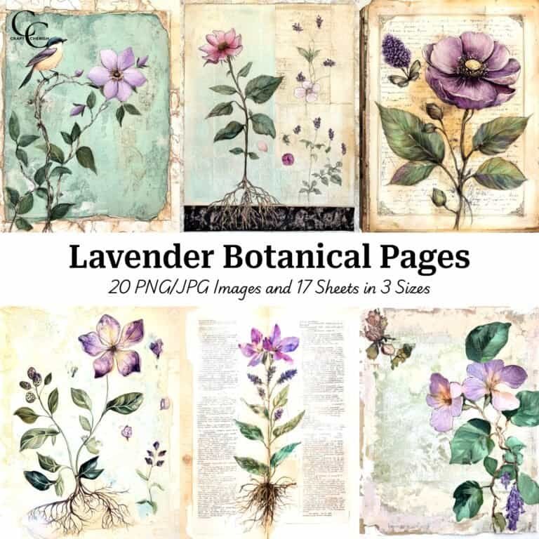 20 Lavender Botanical Journal Pages, Purple Mint Green Floral Leafy Drawings, Nature Art, Paper Craft, Scrapbook, Journal, Digital Download