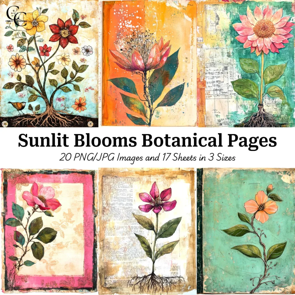 20 Sunlit Blooms Botanical Journal Pages, Floral Leafy Drawings, Nature Art, Paper Craft, Scrapbook, Journal, High Quality, Digital Download