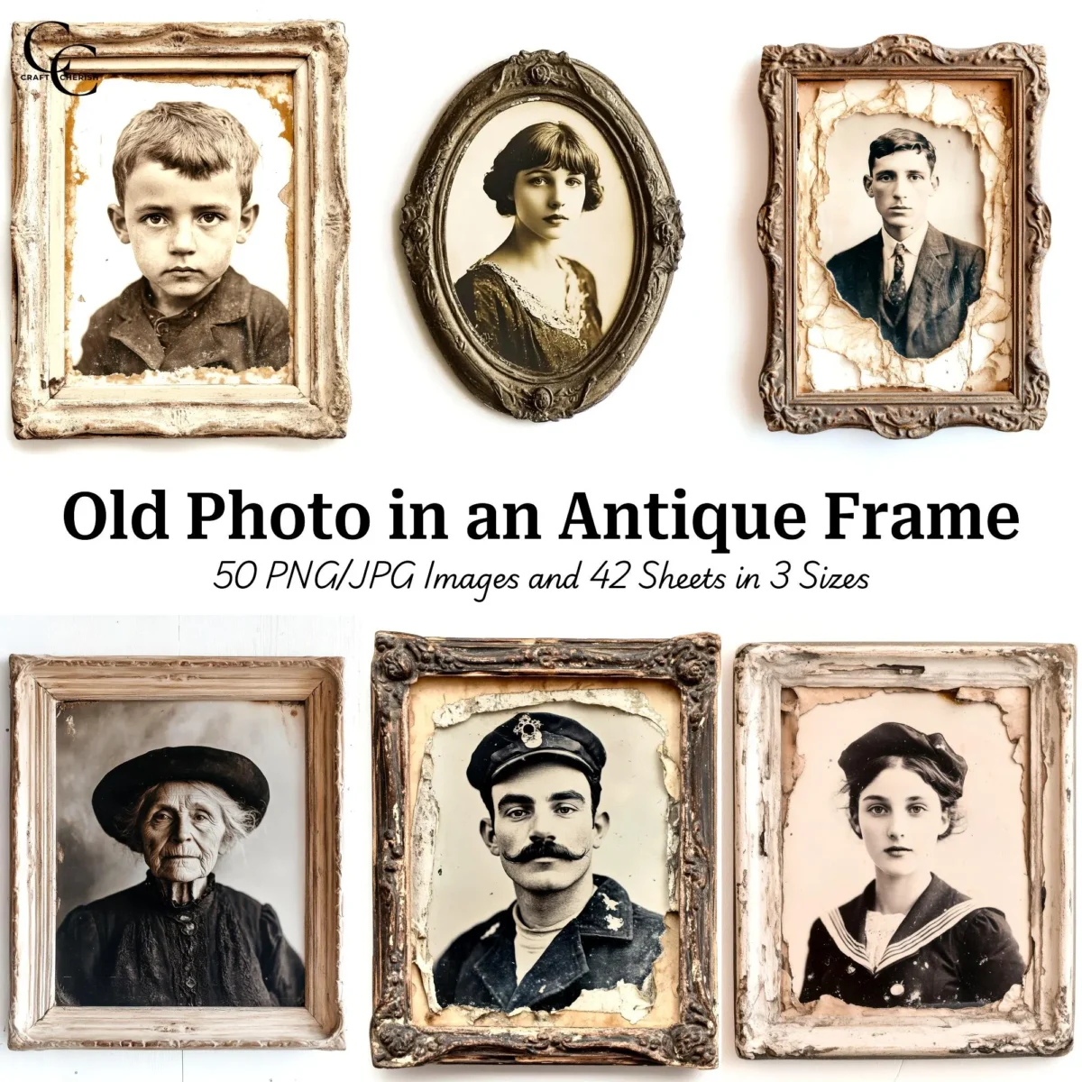 50 Damaged Victorian Rusted Framed Photo, Vintage Photos in Antique Frame, Scrapbook, Junk Journals, High Quality, Digital Download, CU