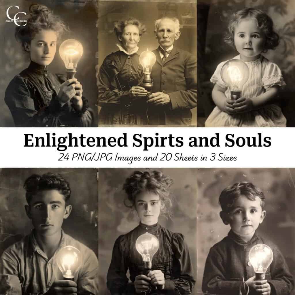 24 Vintage Portrait Holding Light Bulb Images, People with Lightbulbs, Old Photos, High Quality Digital Download for Paper Craft, Junk Journals & Scrapbooks