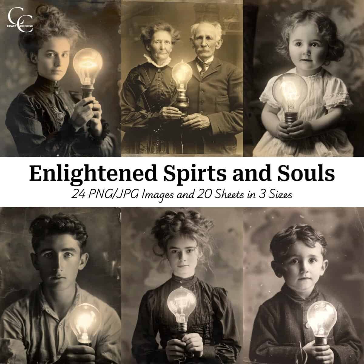 24 Vintage Portrait Holding Light Bulb Images, People with Lightbulbs, Old Photos, High Quality Digital Download for Paper Craft, Junk Journals & Scrapbooks