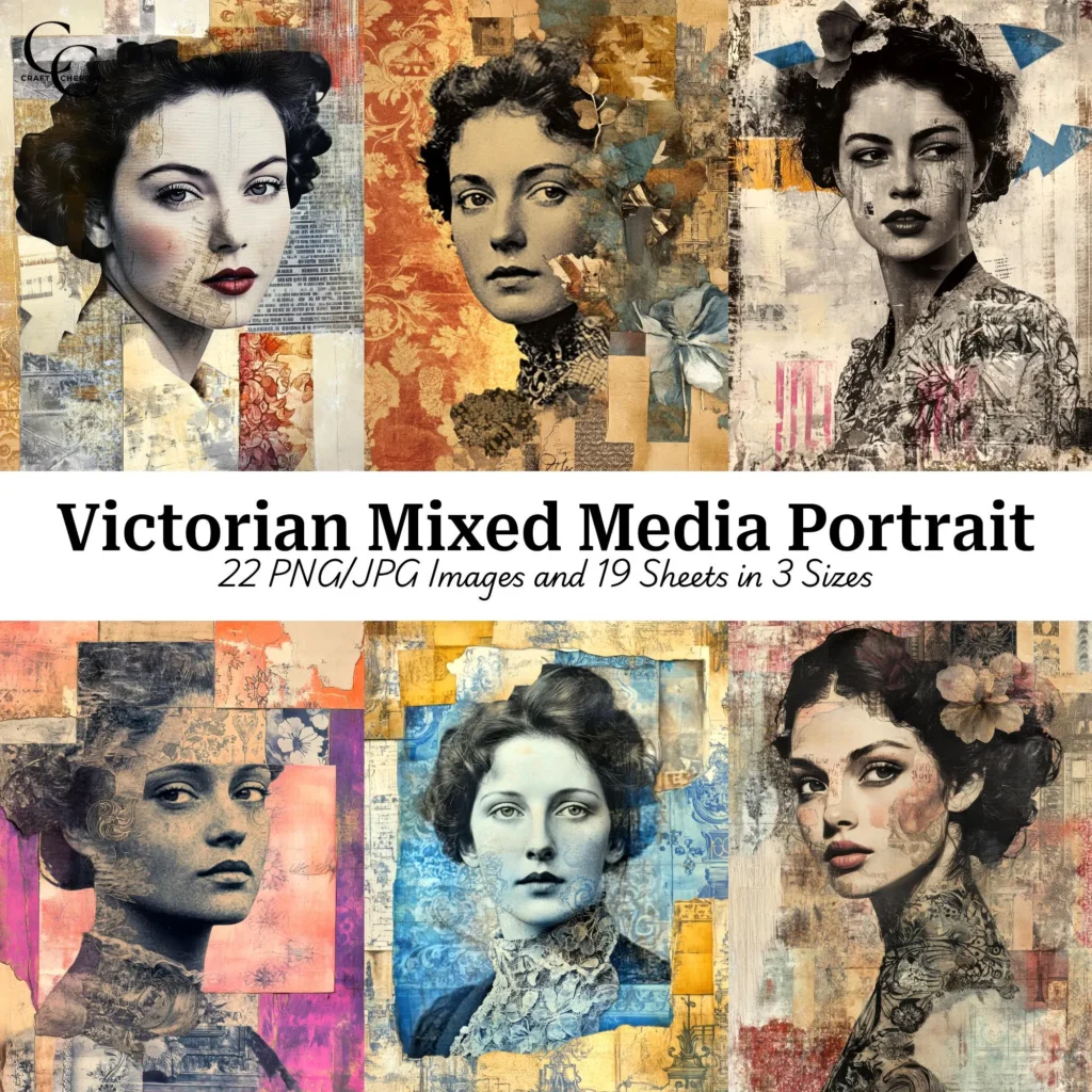 22 Victorian Woman Mixed Media Printable Images, Tattered Portrait, Paper Craft, Junk Journals, Scrapbooks, High Quality, Digital Download