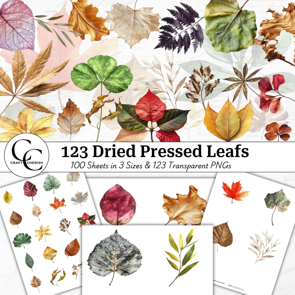 123 Dried Pressed Leaf Images, Decorative Flower Leaf Cutouts, Botanical Fussy Cut Transparent PNG Bundle, High Quality Paper Craft Collage Printable
