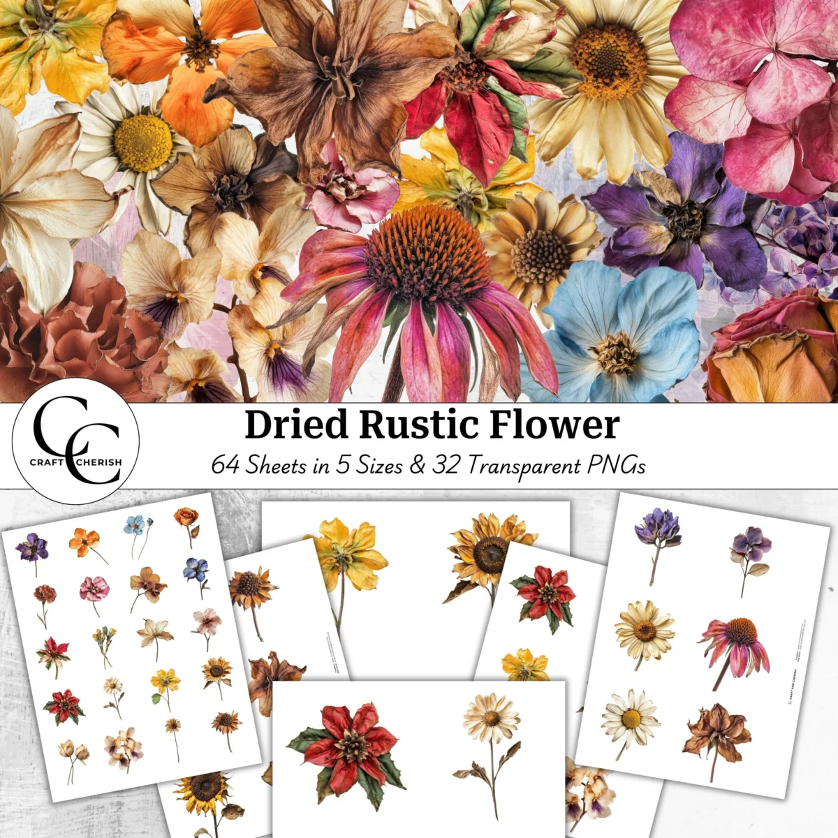 32 Dried Rustic Flower, Transparent Wildflower, Autumn Floral, Printable Images, Paper Craft, High Quality Digital Download for Scrapbooks & Journals