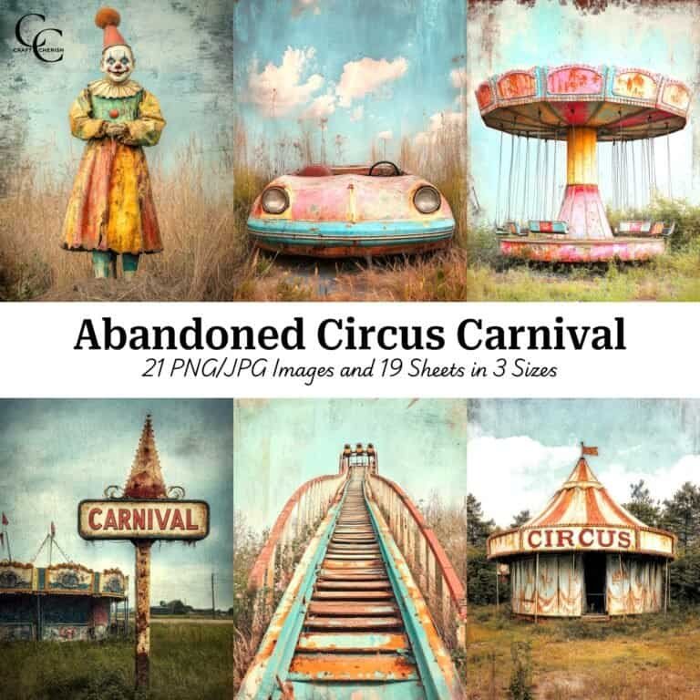 Abandoned Circus Carnival Printable Images, Haunted Carnival High Quality Digital Download Printable for Ephemera for Papercraft, Junk Journals, and Scrapbooks