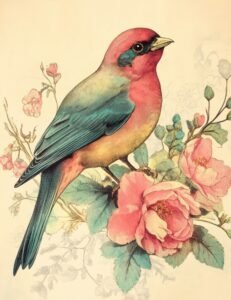 Bird with Crimson Plumage and Botanical Glow