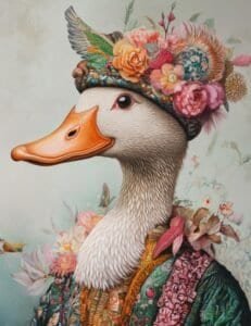 Duck with Regal Floral Headwear