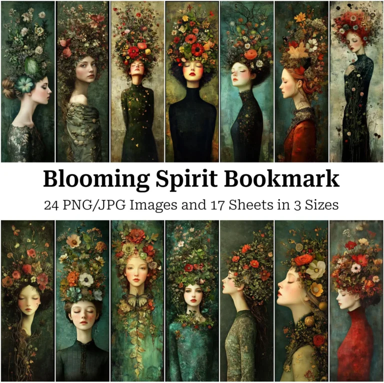 Blooming Spirit Surreal Bookmark Tags, Floral Foliage Mixed Media Fantasy Art, High Quality Digital Download for Papercrafts, Junk Journals, Scrapbooks