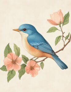 Bluebird with soft pink flowers