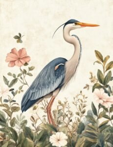 Heron Standing in Floral Meadow