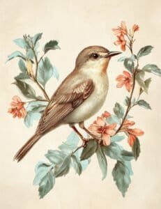 Beige Songbird with Coral Flowers