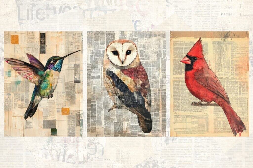 Newspaper Collage Bird Images V1