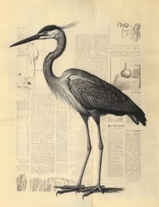 Sketch-Style Heron on Faded Pages