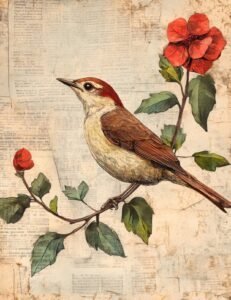 Crimson-Crowned Sparrow with Florals