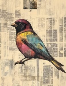 Colorful Finch on Vintage White Paper