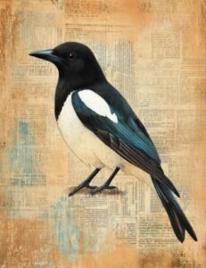 Magpie with Teal and Rust Newsprint