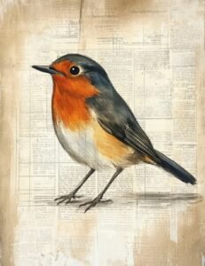 Robin on Gridded Vintage Paper