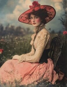 Lady in the Garden Chair with Red Lace Hat