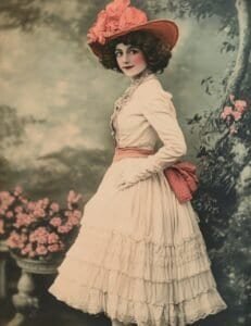 Woman in Cream Ruffled Dress & Coral Sash