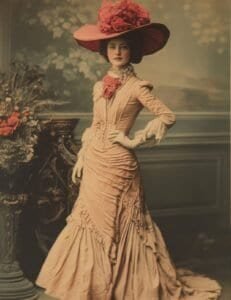 Elegant Woman in Peach Gown and Oversized Hat