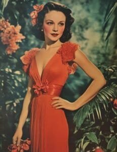 Lady in Red Evening Gown with Floral Accents