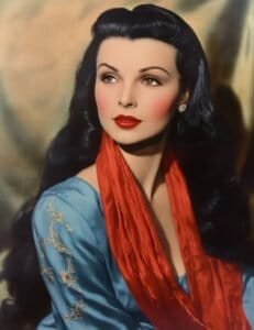 Woman in Blue Satin with Red Scarf