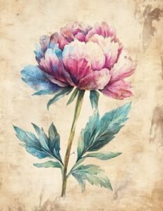 Pink and Blue Peony on Grunge Paper