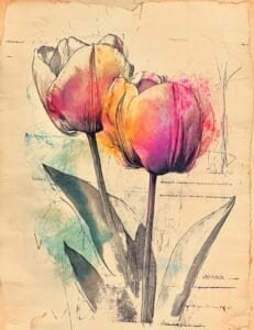 Vibrant Tulips with Ink Linework
